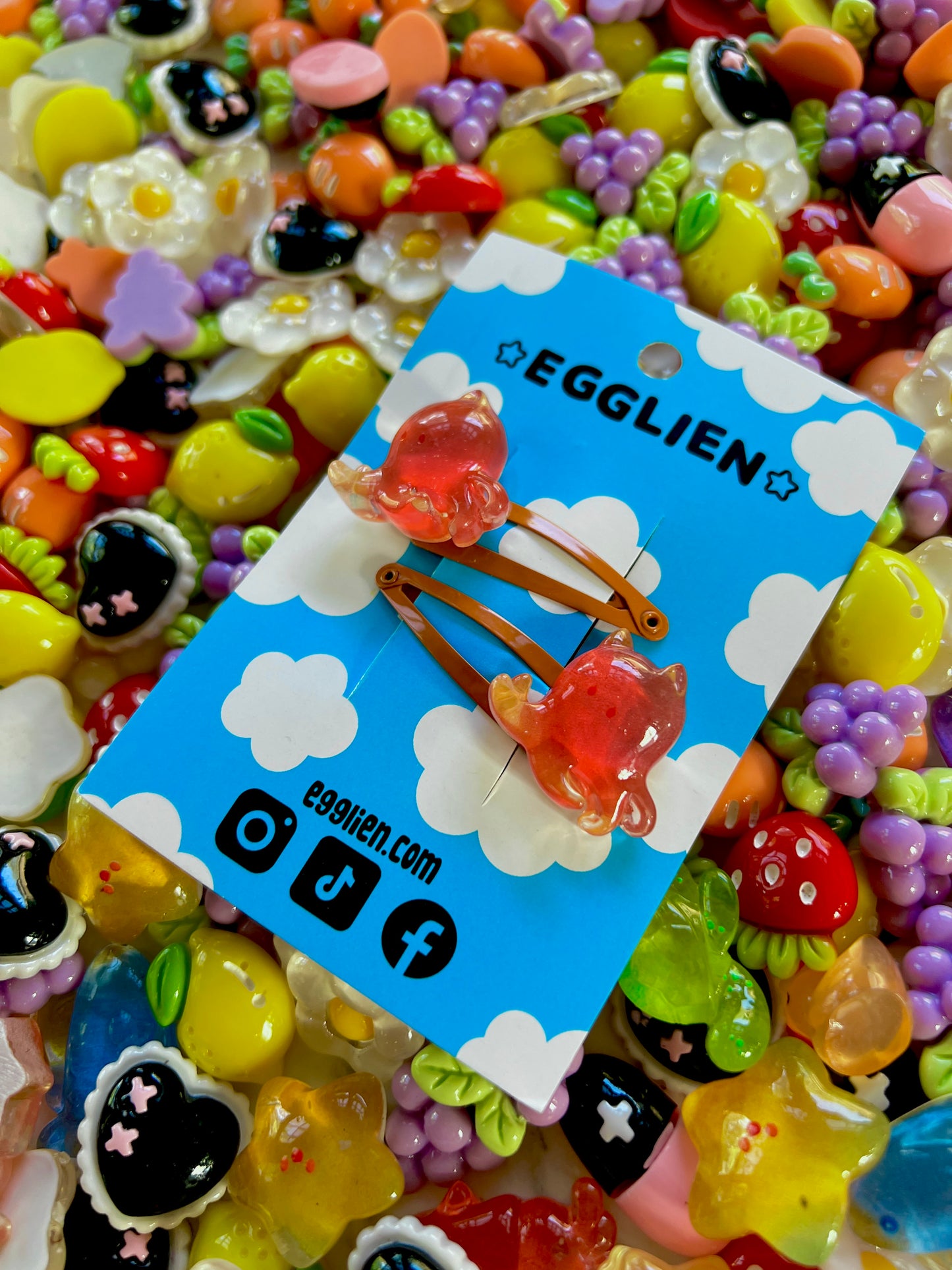Two red/orange cuttlefish hair clips on a blue card with 'EGGLIEN' branding, surrounded by colorful decorative resin pieces