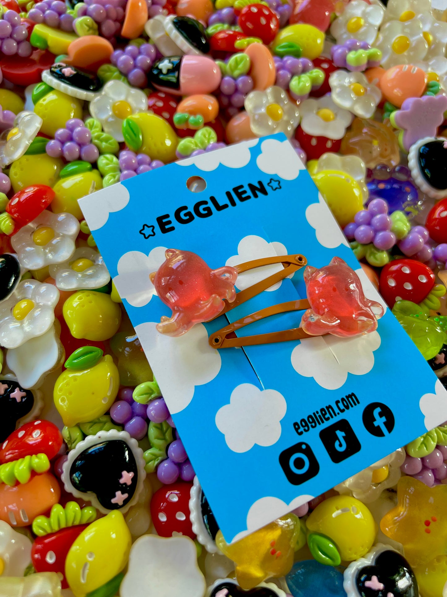 Two red/orange cuttlefish hair clips on a blue card with 'EGGLIEN' branding, surrounded by colorful decorative resin pieces