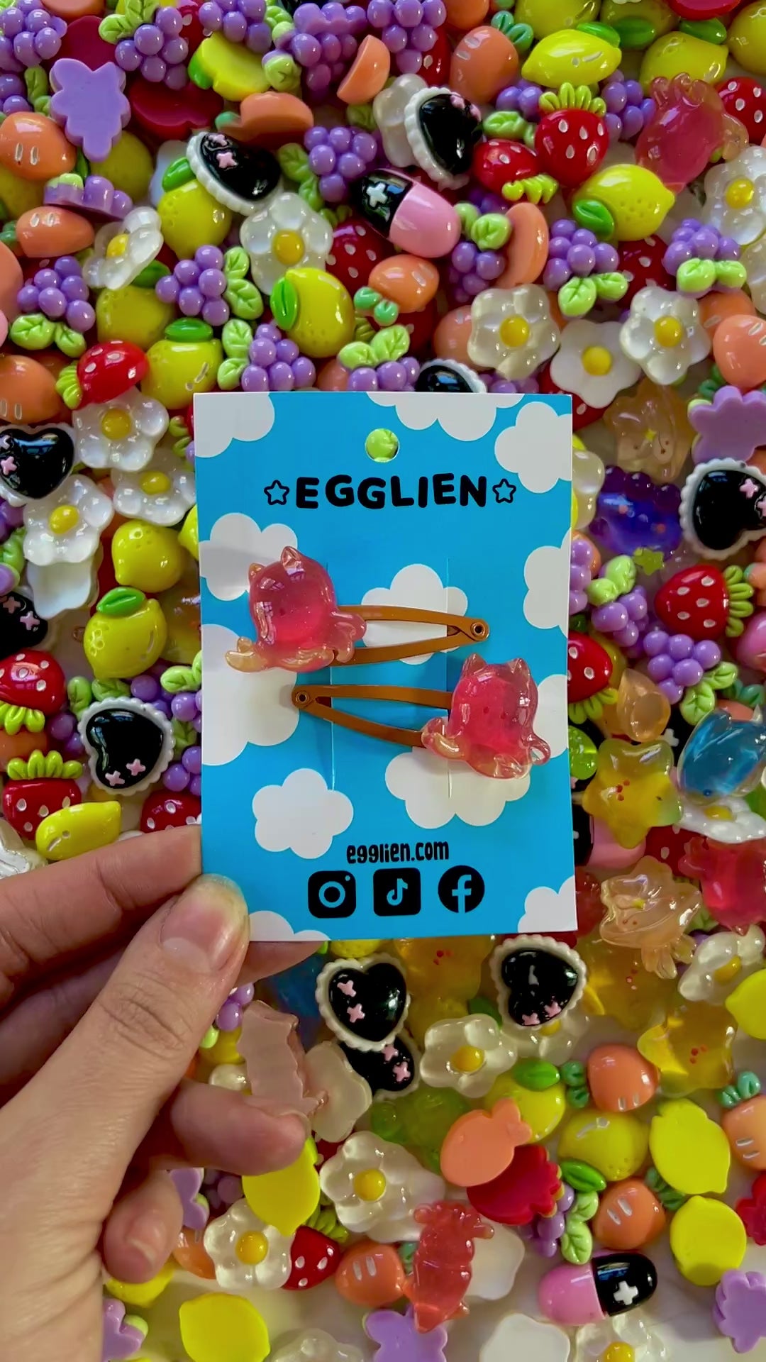 Two red/orange cuttlefish hair clips on a blue card with 'EGGLIEN' branding, surrounded by colorful decorative resin pieces