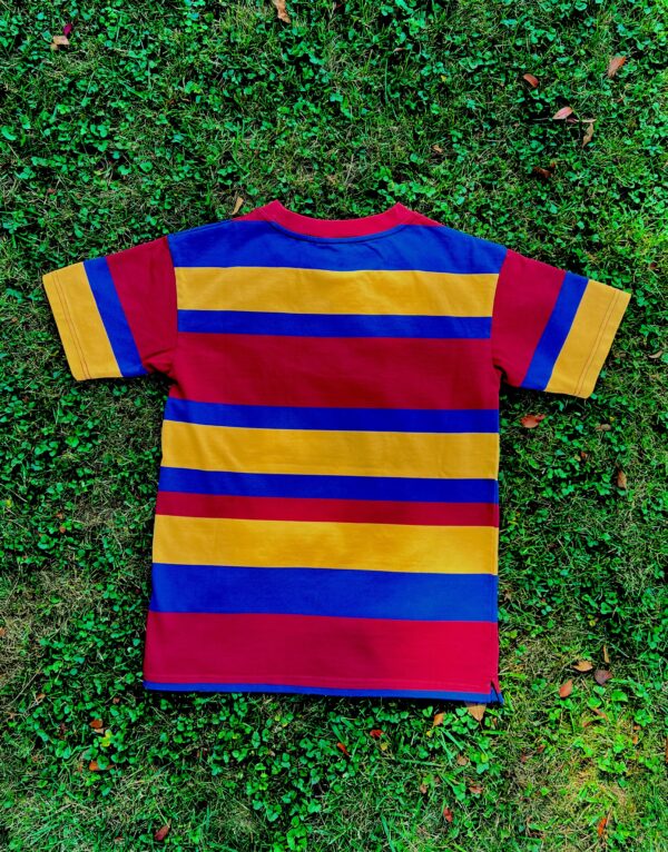 Red, yellow, blue striped shirt with mismatched stripes on the sleeves laying flat and face down on grass