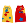 Two legwarmers laid flat on a clear background, one red with blue stars and one yellow with red stars, each with a blue tassel at the end.