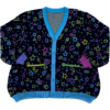A multicolored cardigan laying flat with the front facing the camera. The cardigan is bright pink,. purple, yellow, green and blue stars, circles, triangles, squares and confetti on a black background.