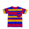 Red, yellow, blue striped shirt with mismatched stripes on the sleeves and pocket laying flat