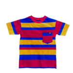 Red, yellow, blue striped shirt with mismatched stripes on the sleeves and pocket laying flat