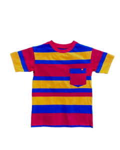 Red, yellow, blue striped shirt with mismatched stripes on the sleeves and pocket laying flat
