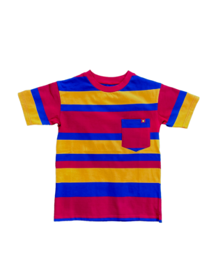 Red, yellow, blue striped shirt with mismatched stripes on the sleeves and pocket laying flat