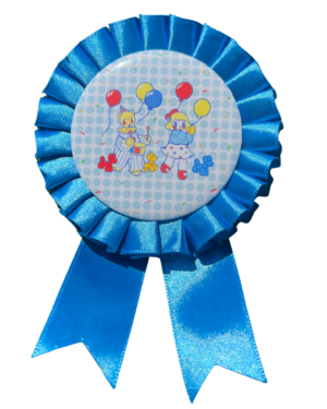 A blue clown rosette pin with a playful clown and balloon graphic in the center.