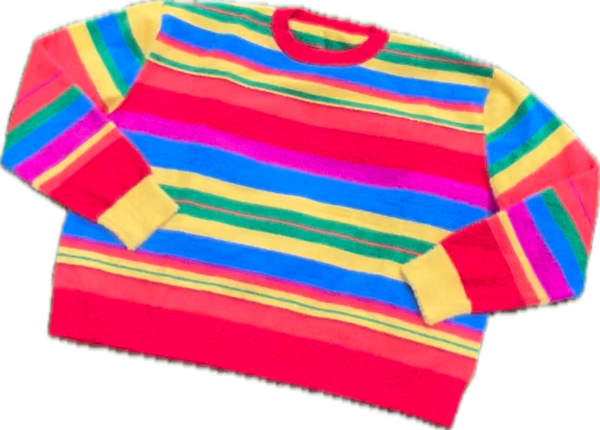 A fuzzy bright rainbow striped sweater laying flat with the sleeves folded on a clear background.