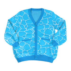 Front of a blue cardigan with a pixel water (pool) design