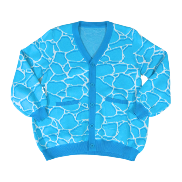Front of a blue cardigan with a pixel water (pool) design