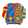 Bright red, yellow and blue cardigan laying flat with the front of the cardigan facing the camera. Cardigan has alternating color star patterns, checkered diamond patterns, alternating stripe sleeves and happy face pockets.