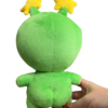 Hand holding a medium plush with its back facing the camera. The Green plush features a round head a small body and two round butt cheeks.