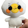 a hand holding medium sized mischievous egg plush. He has a big round white head, two eyes, a yellow yolk in the center of his face and orange round cheeks.