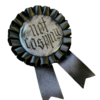 Black rosette pins with the text 'Not Cosplay' in black and white on a clear background