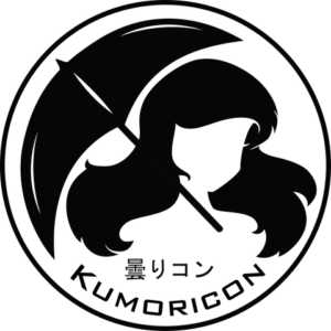 Kumoricon logo. A person with long hair and an umbrella with the text "Kumoricon" in a circle.