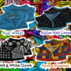 MINI CARDIS Collage of toy outfits with colorful backgrounds labeled 'Pixel Water', 'Roller Rink Carpet', 'Black & White Clown', and 'Puzzle Playmat'.