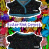 Roller Rink Carpet mini Two views of a black outfit with colorful patterns on a background of colorful roller skates.