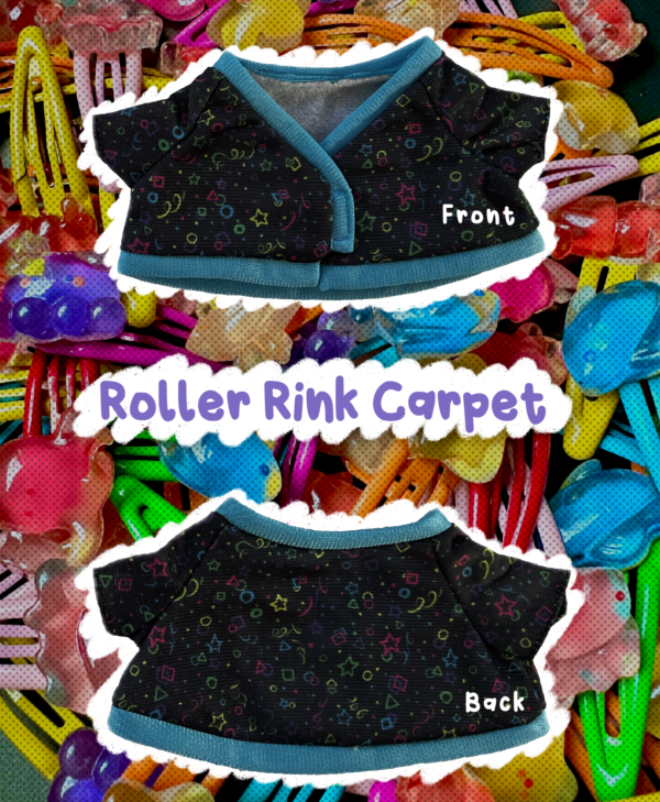Roller Rink Carpet mini Two views of a black outfit with colorful patterns on a background of colorful roller skates.