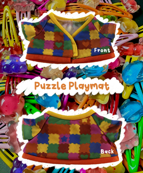 Puzzle Playmat mini Colorful puzzle playmat with two views labeled 'Front' and 'Back' on a background of colorful toys.