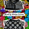Black & White Clown Cardigan Black and white clown outfit with star and smiley face patterns on a colorful background.