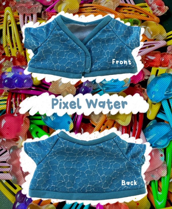 Pixel water mini Blue textured shirt with 'Front' and 'Back' labels on a colorful background