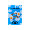A pair of fried egg cabochons on orange hairclips both on a blue backing card that reads "Egglien"