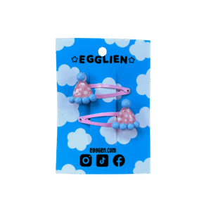 party hat hair clip front A pair of pink and blue party hat cabochons on pink hairclips both on blue backing card that reads "Egglien"