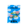 A pair of pink flower cabochons on yellow hairclips both on blue backing card that reads "Egglien"