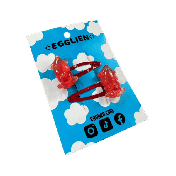 squid red hair clips side A pair of red squid cabochons on red hairclips both on a blue backing card that reads "Egglien"