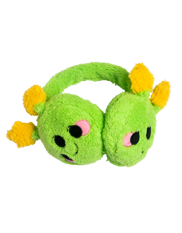 One pair of green earmuffs with a cheerful alien with star antennas on the ear covers portion.