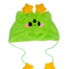 One cheerful alien green plush hat with two yellow star antennae, cat ears and two stars dangling with green strings. Hat is laying flat on a clear background.