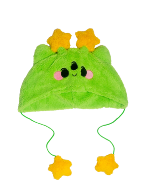 One cheerful alien green plush hat with two yellow star antennae, cat ears and two stars dangling with green strings. Hat is laying flat on a clear background.