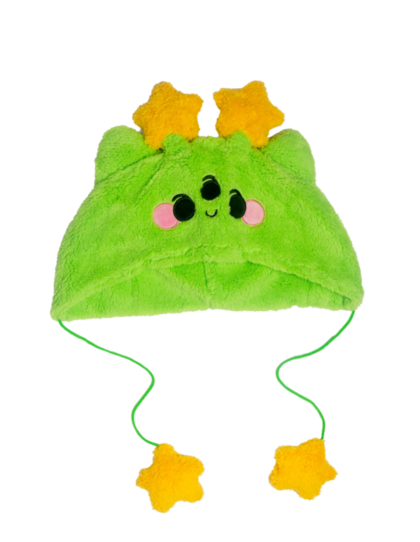 One cheerful alien green plush hat with two yellow star antennae, cat ears and two stars dangling with green strings. Hat is laying flat on a clear background.