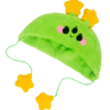 One cheerful alien green plush hat with two yellow star antennae and two stars dangling with green strings. Hat is laying flat on a clear background.