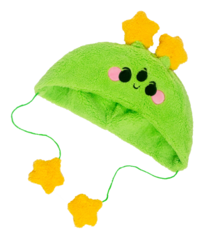 One cheerful alien green plush hat with two yellow star antennae and two stars dangling with green strings. Hat is laying flat on a clear background.