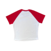 A white crop top laying flat on a clear background. The shirt has a white body with red short sleeves.