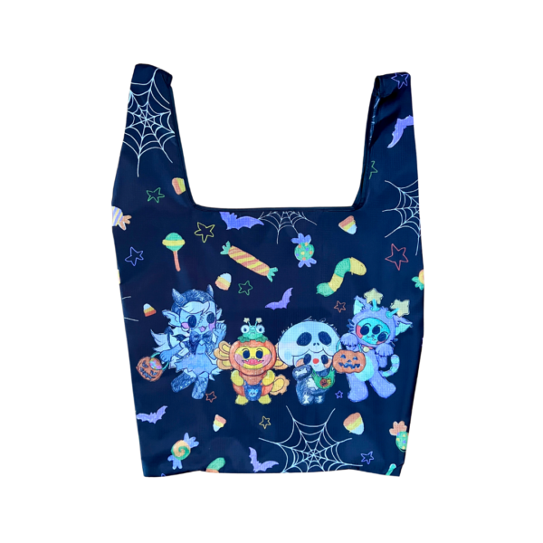 trick or treat bag A black plastic reusable bag laying flat on a clear background. The bag has four original playful characters each in different Halloween costumes surrounded by candy, spider webs and bats.